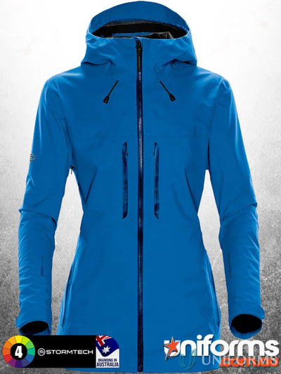 Bright blue women’s synthesis stormshell jacket with zip pockets, perfect for stay dry active women