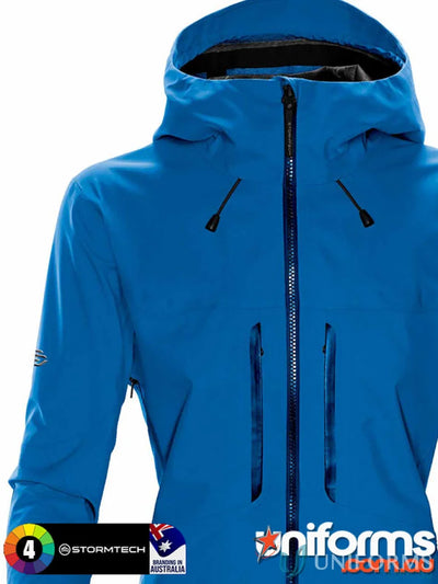 Vibrant blue women’s Synthesis Stormshell waterproof jacket with hood and zip pockets