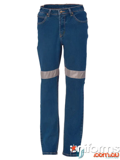 Blue ladies taped denim stretch jeans with reflective stripes for work safety