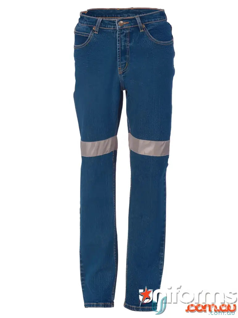 Blue ladies taped denim stretch jeans with reflective stripes for work safety