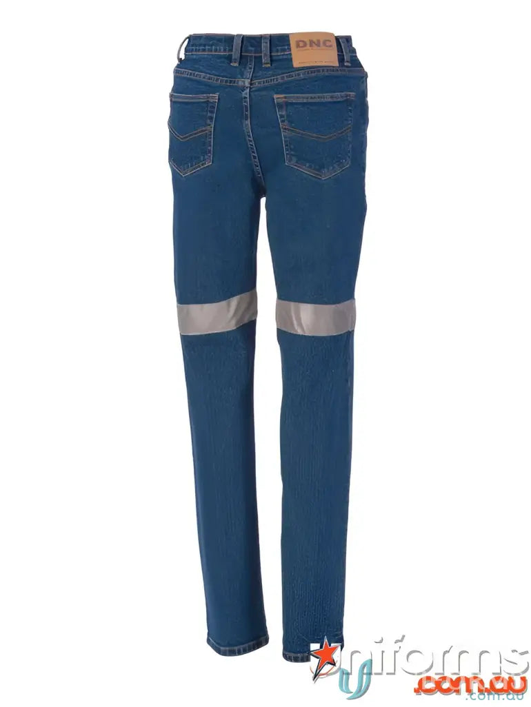 Ladies Taped Denim Stretch Jeans with reflective stripes, blue denim work pants