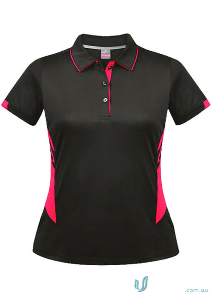 Ladies Tasman Polo in black with pink trim and side panels for a stylish look