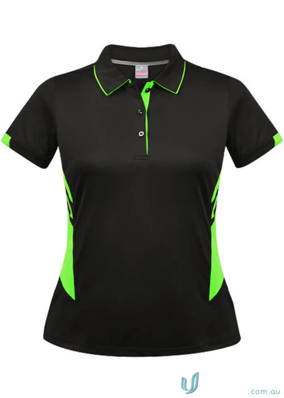 Ladies Tasman Polo in black with neon green trim and side panels, stylish tasman polo