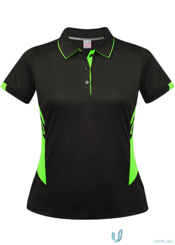 Ladies Tasman Polo in black with neon green trim and side panels, stylish tasman polo
