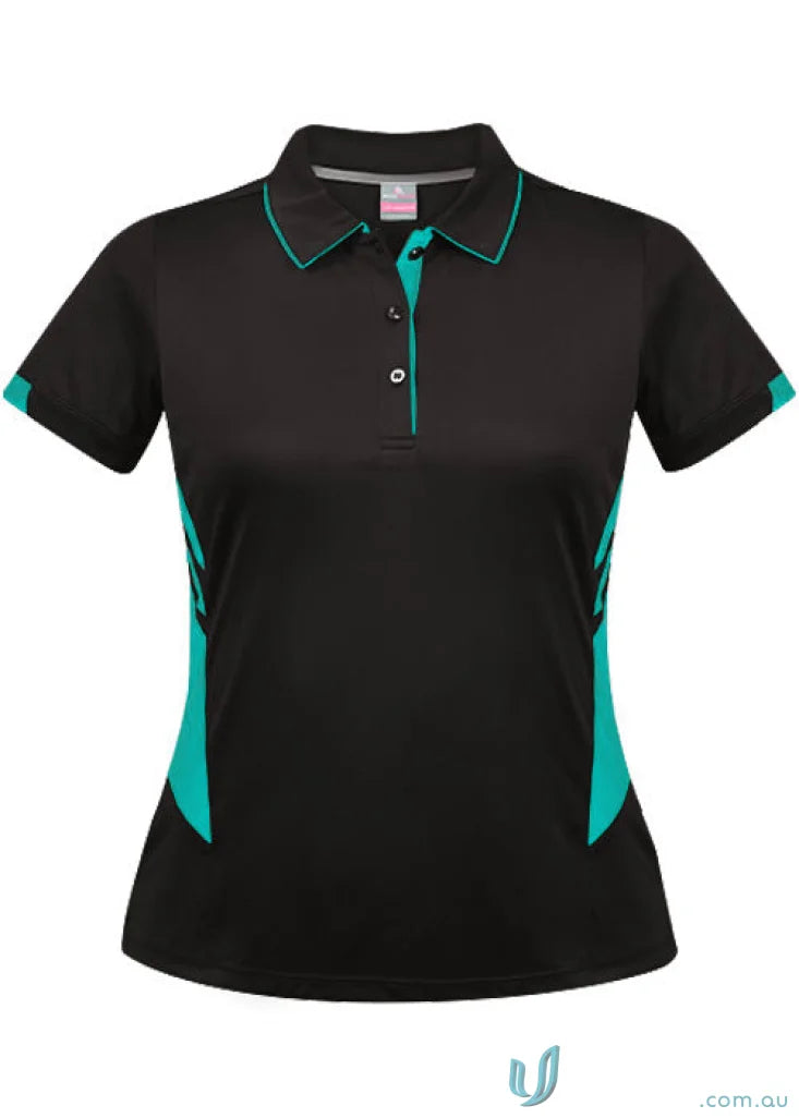 Black and teal ladies Tasman Polo shirt with short sleeves and three-button placket