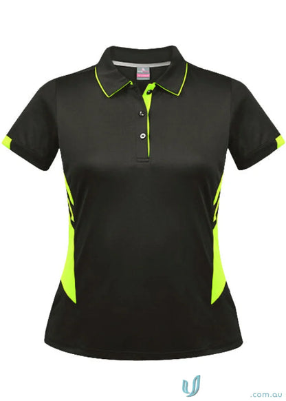 Ladies Tasman Polo shirt for women with black fabric and neon yellow accents