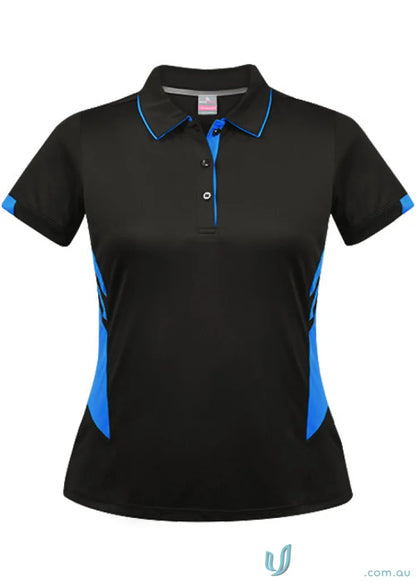 Black women’s Ladies Tasman Polo shirt with blue accents, perfect for casual wear