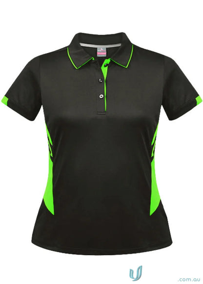 Ladies Tasman Polo in black with neon green accents, perfect for casual style
