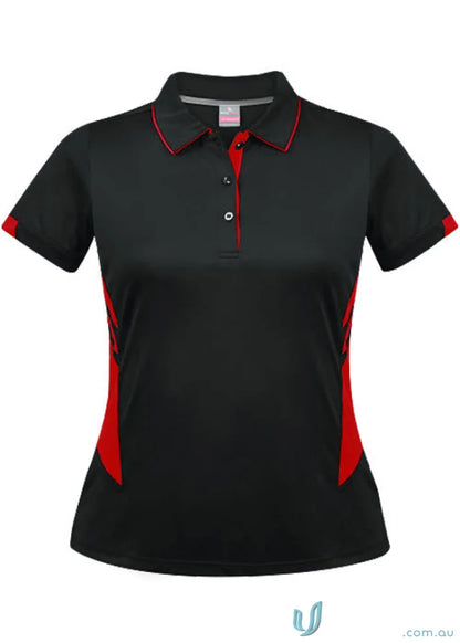 Black ladies Tasman polo shirt with red trim and side panels for a stylish look
