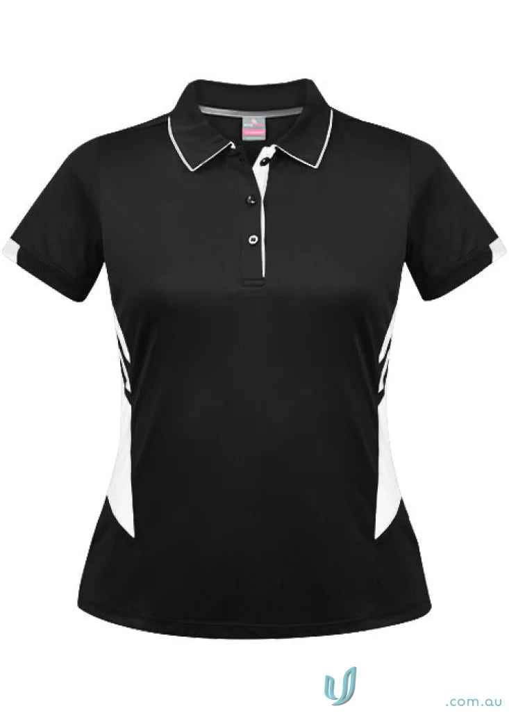 Black women’s Tasman Polo shirt with white trim, perfect for ladies Tasman polo style