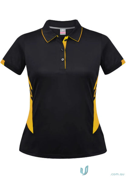 Black and yellow ladies Tasman polo shirt with short sleeves and three-button placket