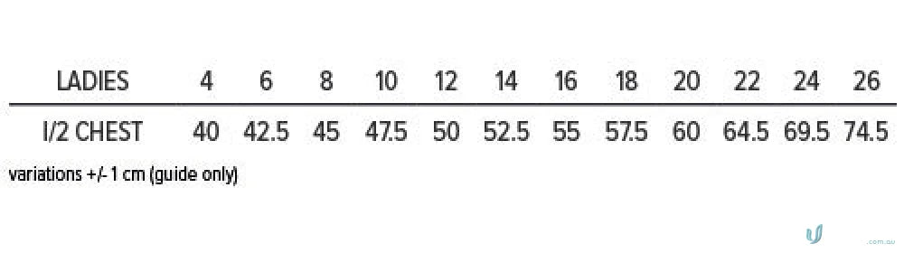 Sizing chart for ladies Tasman Polo showing half chest measurements in cm