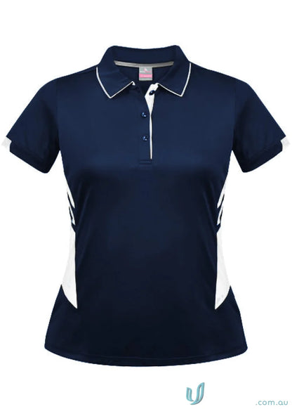 Ladies Tasman Polo navy blue women’s shirt with white trim for a stylish look