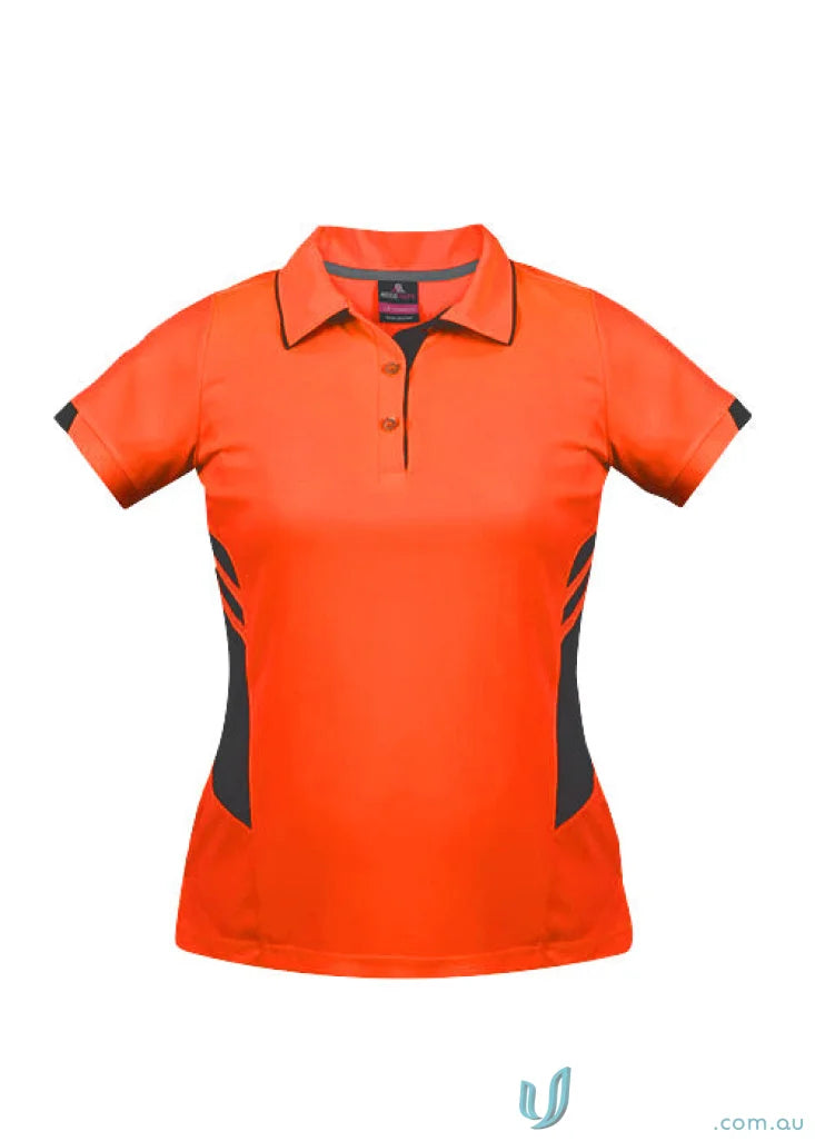 Ladies Tasman Polo in orange with dark gray side panels and collar trim