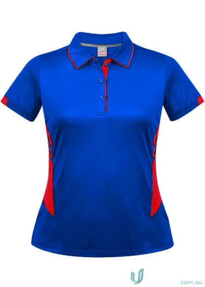 Royal blue Ladies Tasman Polo shirt with red trim and side panels for women