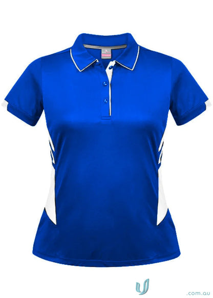 Royal blue Ladies Tasman Polo with white side panels and collar trim
