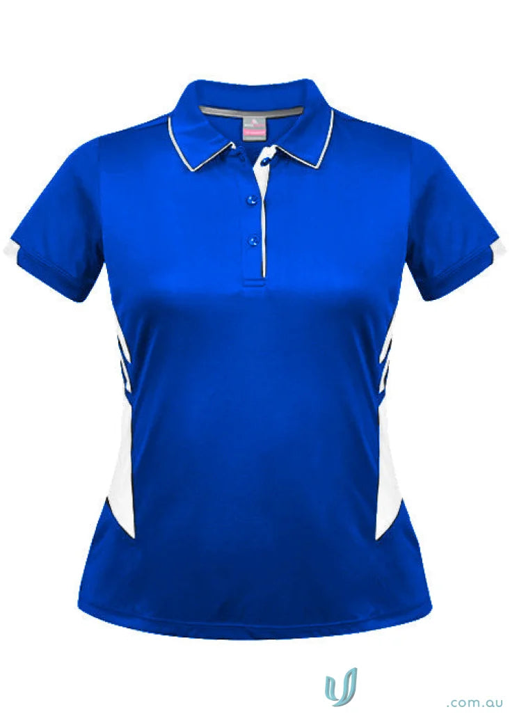 Royal blue Ladies Tasman Polo with white side panels and collar trim
