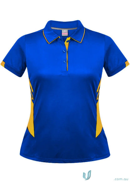 Royal blue Ladies Tasman Polo with yellow accents, perfect for casual style