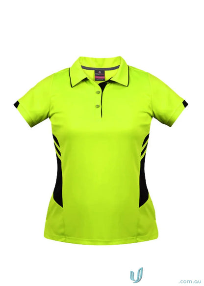 Bright neon yellow ladies Tasman Polo with black side panels and collar trim