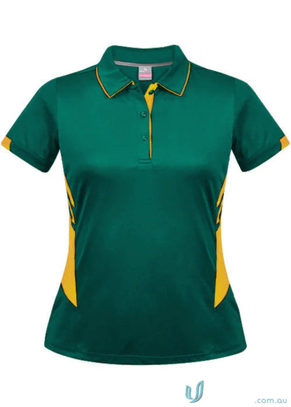 Ladies Tasman Polo in dark green with yellow accents, perfect for casual wear