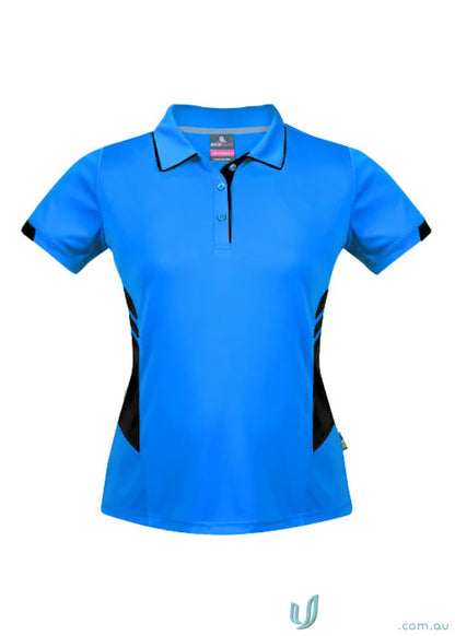 Bright blue Ladies Tasman Polo with black side panels and short sleeves