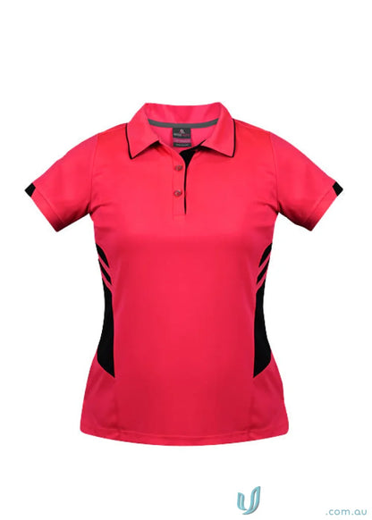 Vibrant pink Ladies Tasman Polo with black side panels and trim perfect for casual wear