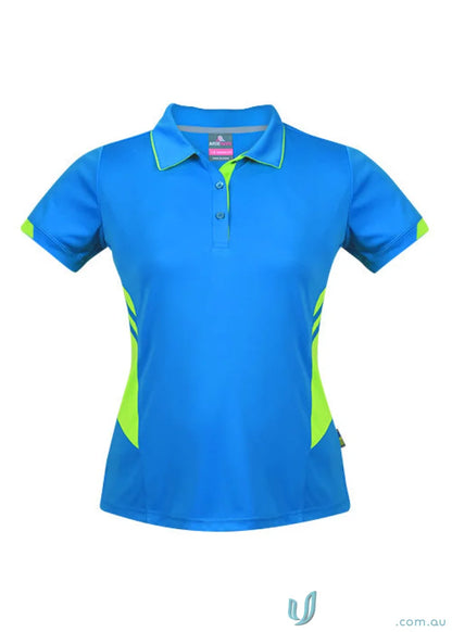 Bright blue Ladies Tasman Polo with neon yellow side panels and collar trim