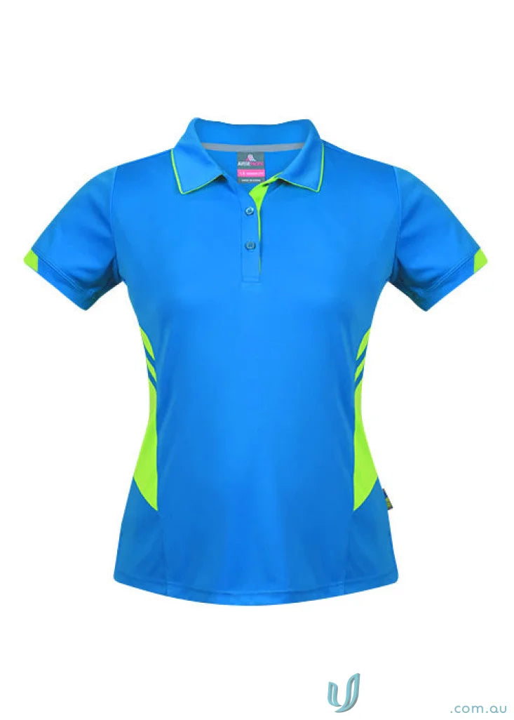 Bright blue Ladies Tasman Polo with neon yellow side panels and collar trim