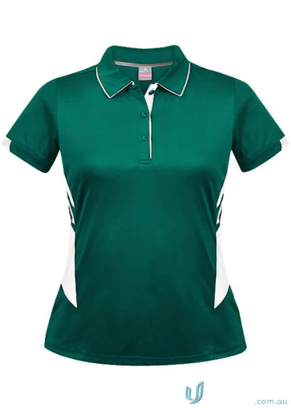 Ladies Tasman Polo in dark green with white trim, perfect for casual style