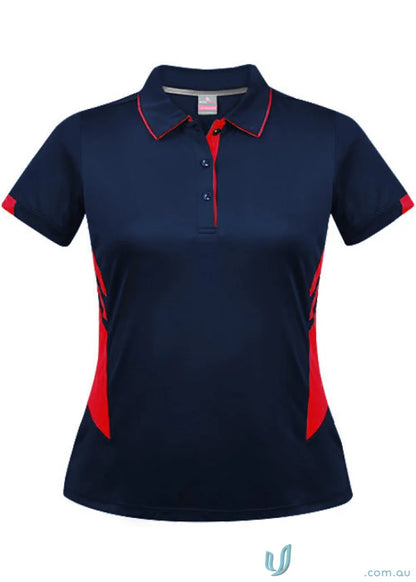 Ladies Tasman Polo in navy blue and red with short sleeves and three-button placket