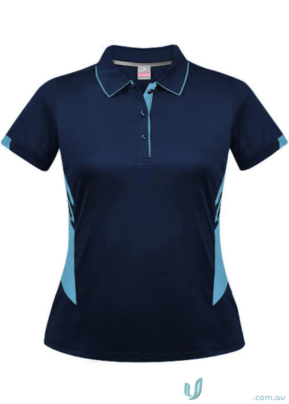 Ladies Tasman Polo in navy blue with light blue trim, perfect for casual wear