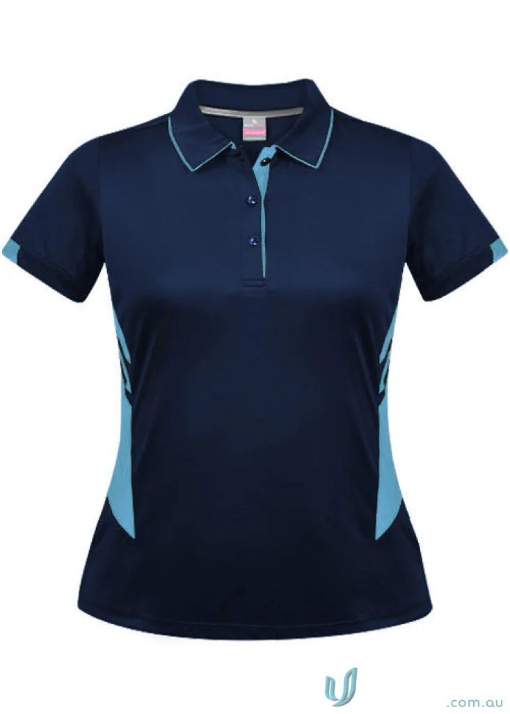 Ladies Tasman Polo in navy blue with light blue trim, perfect for casual wear