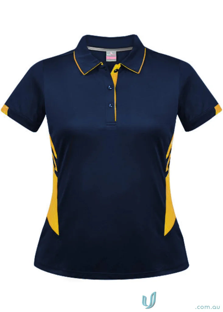 Ladies Tasman Polo in navy blue with yellow accents, perfect for casual style