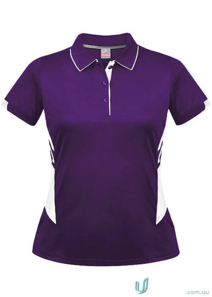 Ladies Tasman Polo purple short-sleeved shirt with white trim for women