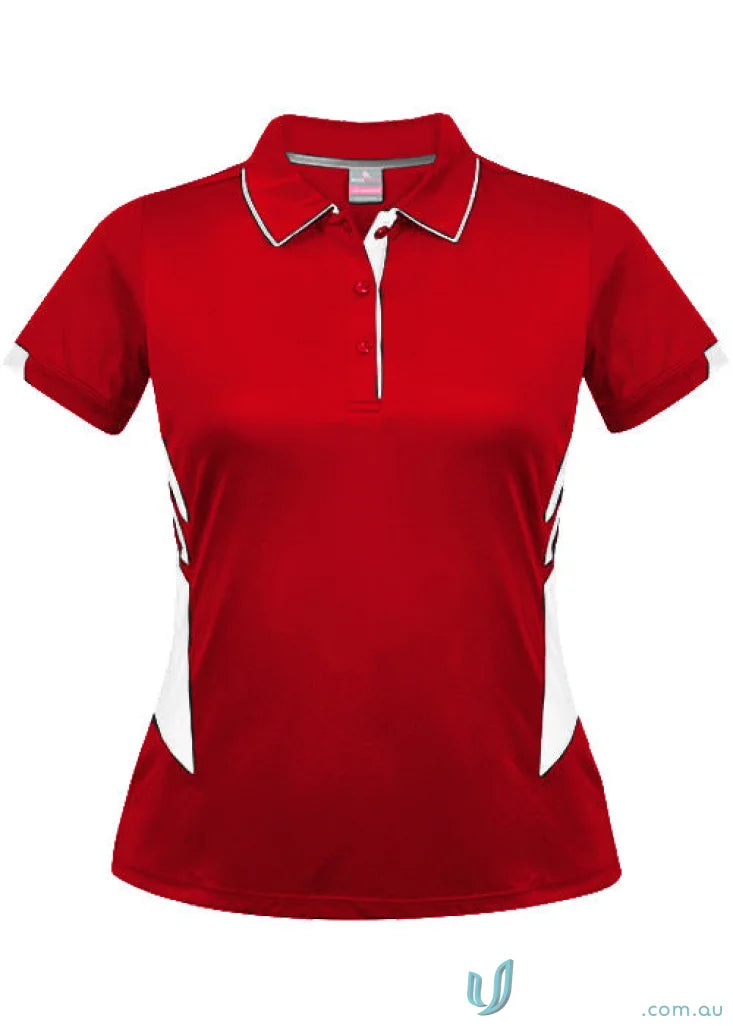 Ladies Tasman Polo in red with white side panels and trim for a stylish look