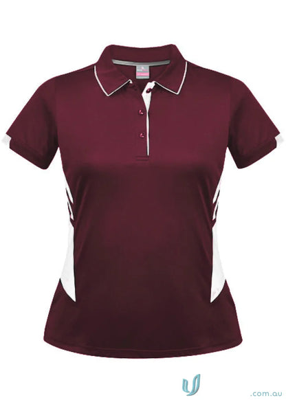 Ladies Tasman Polo shirt with short sleeves, maroon color and white accents