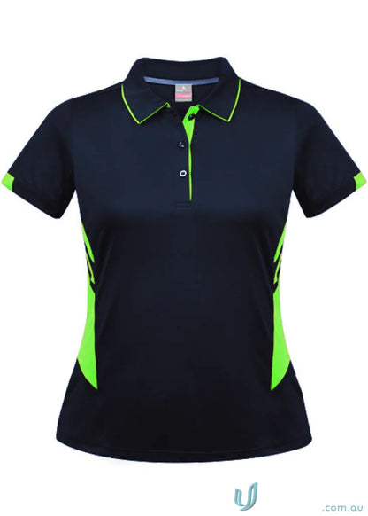 Ladies Tasman Polo showing navy short-sleeve shirt with lime green trim and side panels