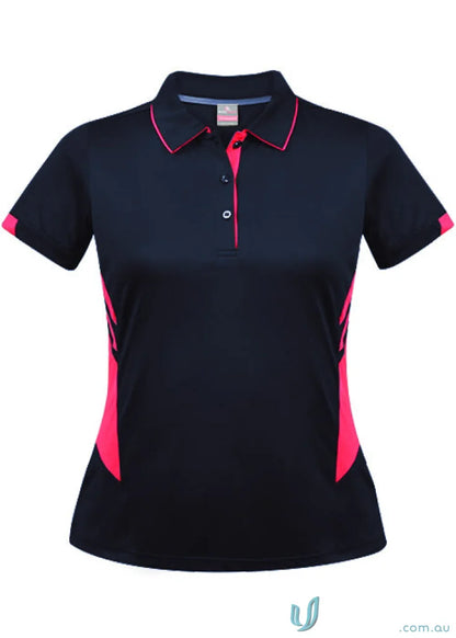 Ladies Tasman Polo in black with hot pink accents, perfect for casual wear
