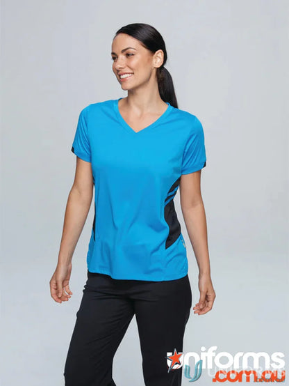 Blue and black V-neck athletic shirt made from breathable fabric for uniforms or workwear