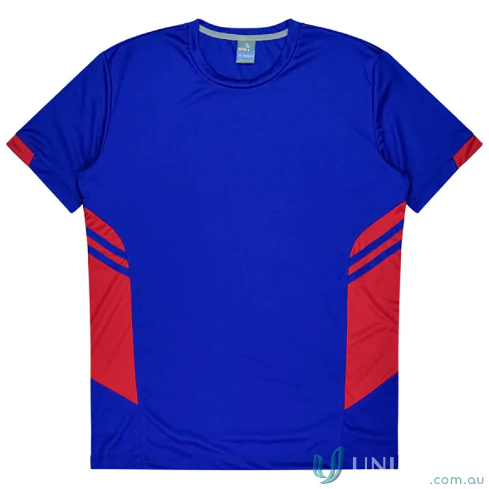 Blue and red athletic T-shirt made of comfortable fabric, perfect for uniforms or workwear