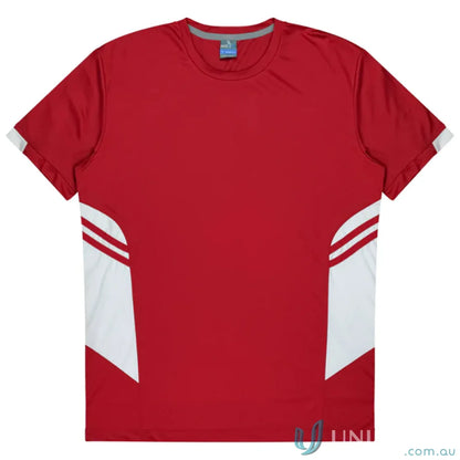 Red and white athletic T-shirt made of comfortable fabric, perfect for uniforms or workwear