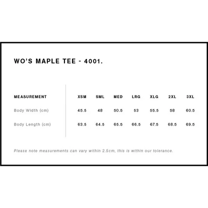 Wo’s Maple Tee 4001 ladies team tee in white with black text and size chart