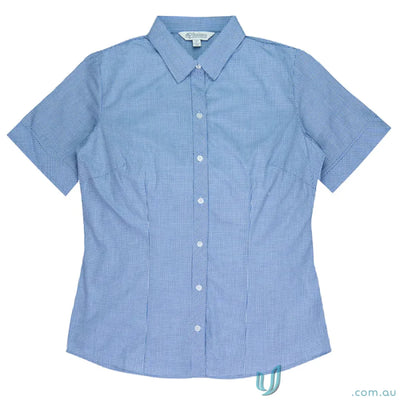 Blue and white checkered short-sleeved shirt from Ladies Toorak S/S Shirt, perfect for workwear or uniforms