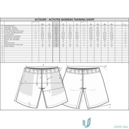 Technical drawing of Ladies Training Shorts in lightweight sports fabric for ladies training