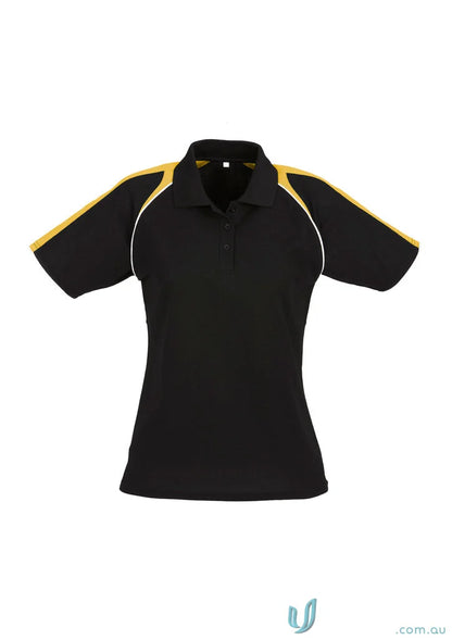 Ladies Triton Polo in black with gold and white accents made from biz cool™ polyester