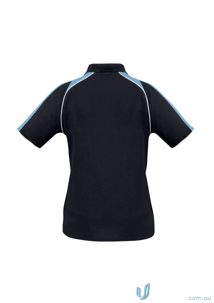 Ladies Triton Polo in black with light blue and white accents made from biz cool™ polyester