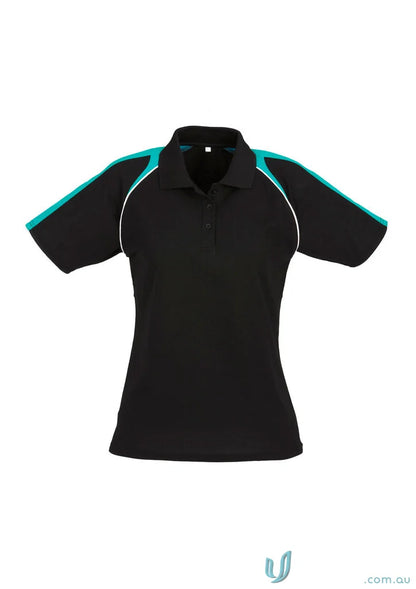 Ladies Triton Polo showing black triton short sleeve polo with teal and white accents