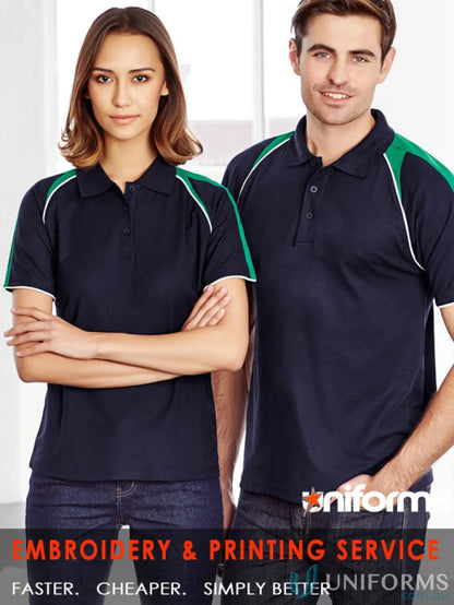 Ladies Triton Polo navy short sleeve with green and white accents, made with biz cool™ polyester