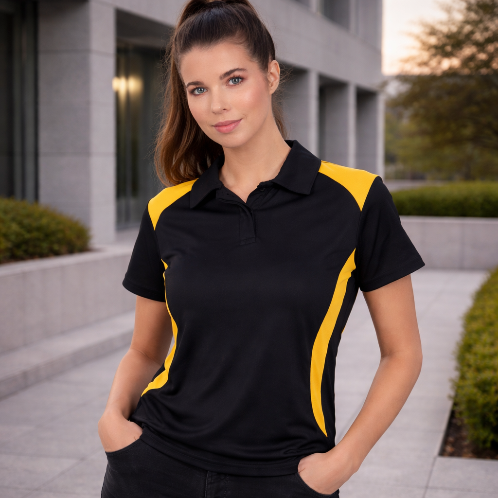 Ladies TrueDry winner black yellow contrast polo shirt
