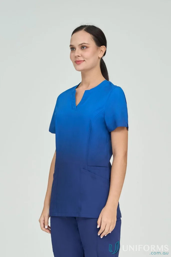 Blue twilight ombre print scrub top with waist zipper pocket from Ladies Twilight Ombre collection
